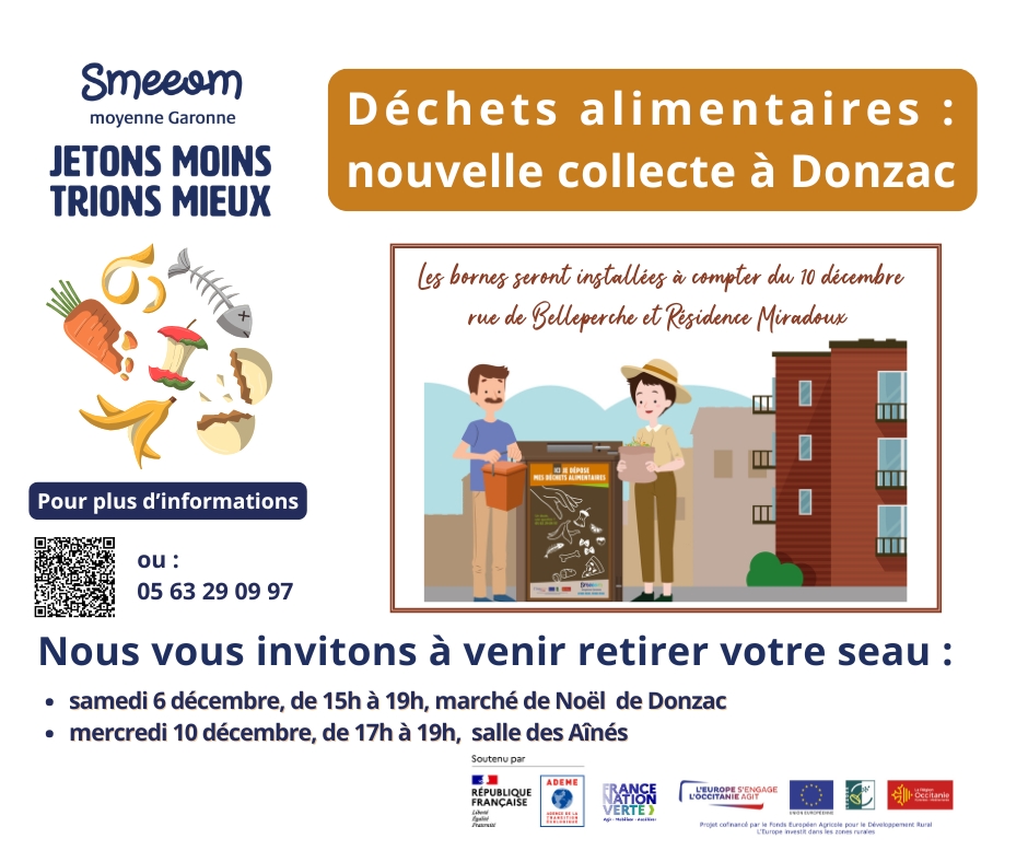 Déchets alimentaires : nouvelle collecte à Donzac Déchets alimentaires : nouvelle collecte à Donzac. Les bornes seront installées à partir du 10 décembre rue de Belleperche et Résidence Miradoux